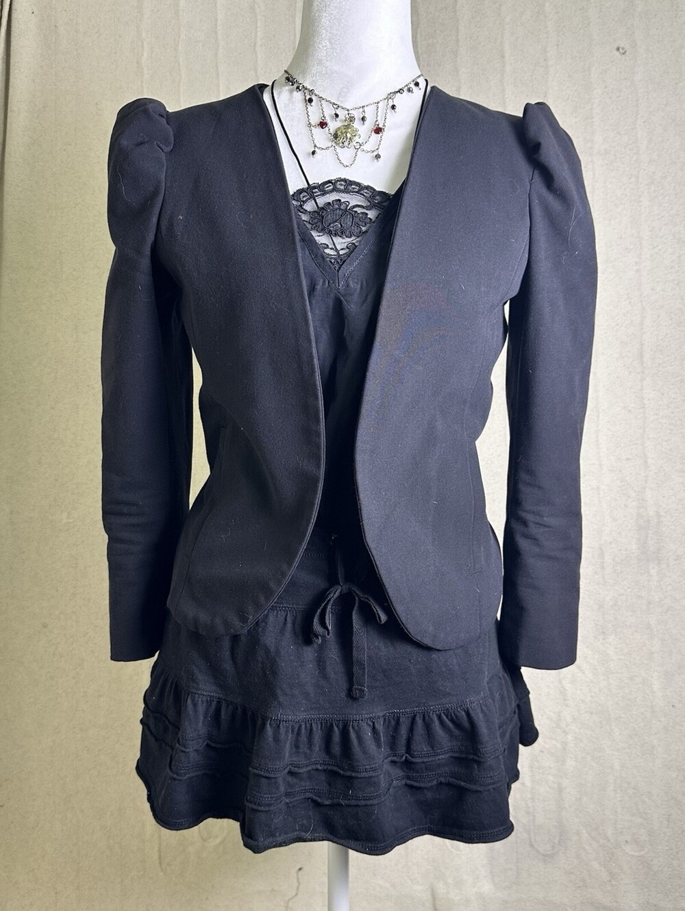 Pins and Needles Y2K Goth Puff Sleeve Feminine Retro Open Black Blazer Sz S